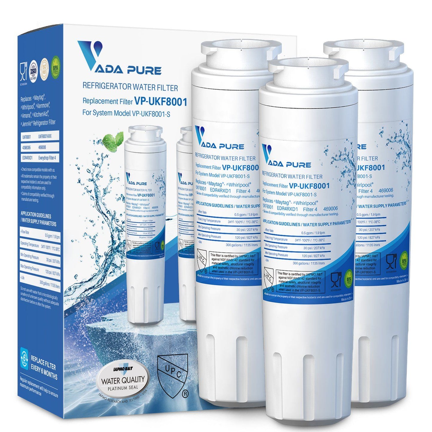 Vada Pure - Replacement Refrigerator Water Filter for EDR4RXD1, UKF8001P, UKF8001AXX-750, Whirlpool 4396395, 469006, PUR, Puriclean II, 46-9006 - Pack of 3 Water Filter Vada Pure 